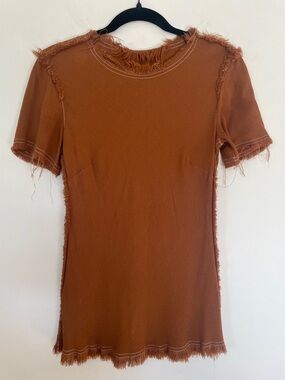 RAQUEL ALLEGRA Raw Edge Fringe Top Brown Stretch Tee Boho Artisan Distressed